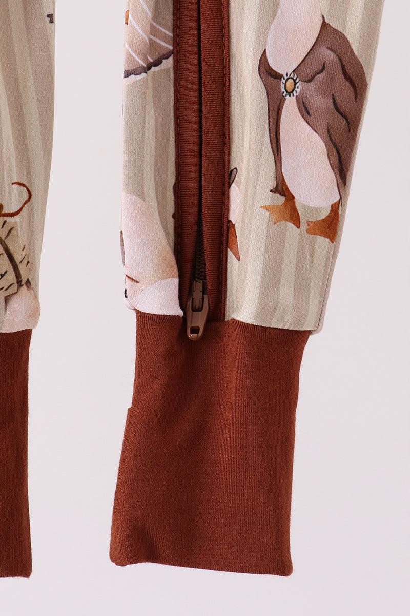 Brown goose print bamboo zipper romper