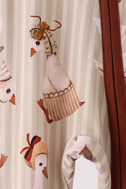 Brown goose print bamboo zipper romper