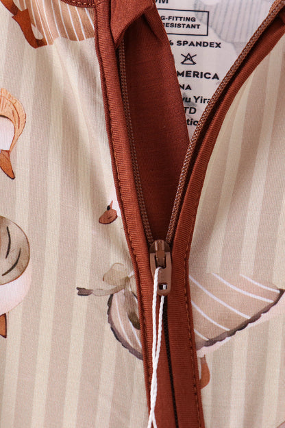 Brown goose print bamboo zipper romper