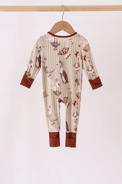 Brown goose print bamboo zipper romper