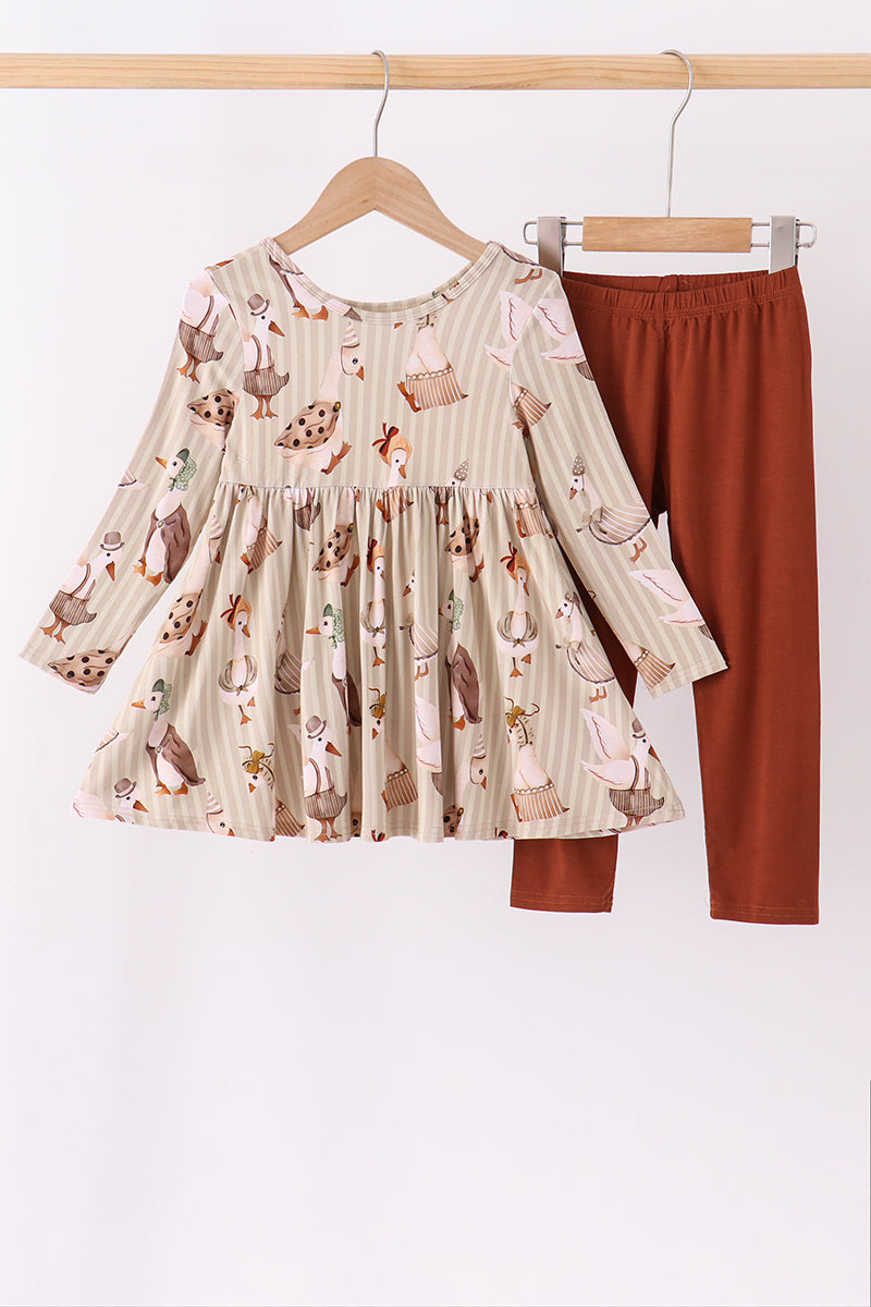 Brown goose print bamboo pants set