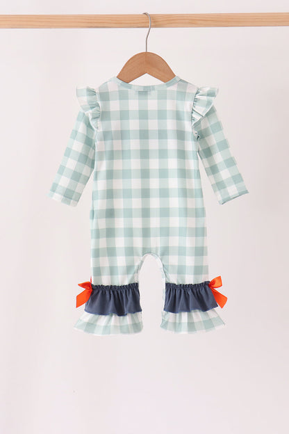 Sage Turkey Embroidery Gingham Ruffle Romper