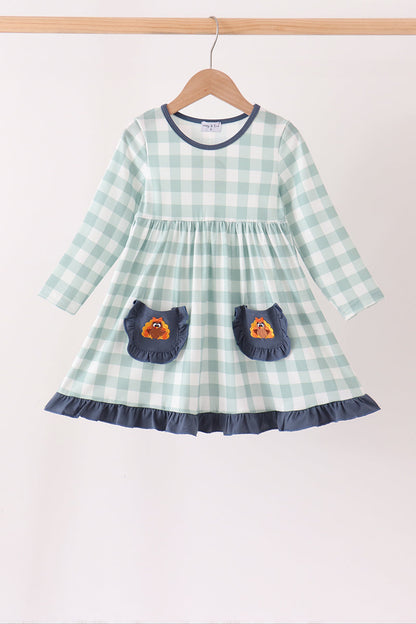 Sage Turkey Embroidery Gingham Dress