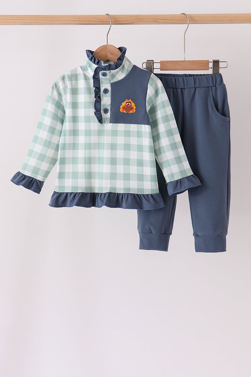 Sage Turkey Embroidery Gingham Ruffle Jogger Set