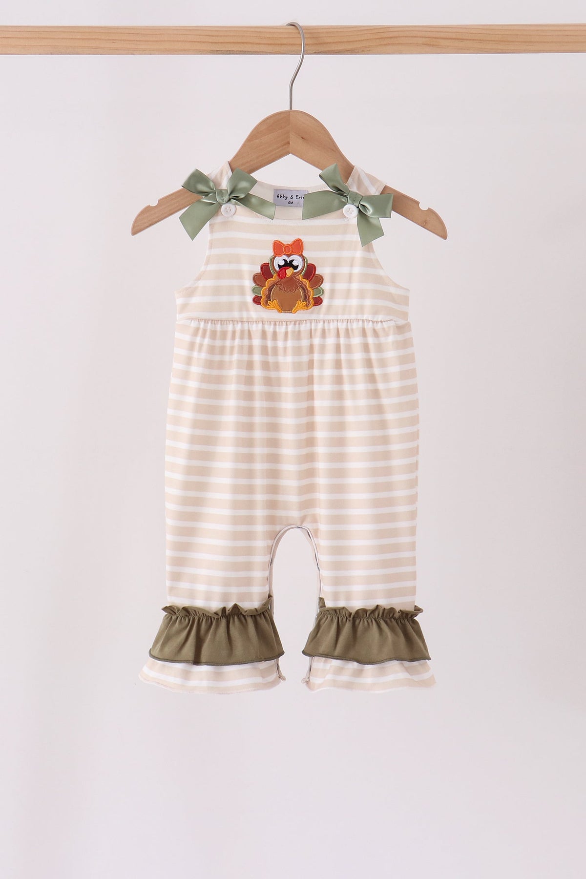 Olive turkey applique stripe ruffle romper