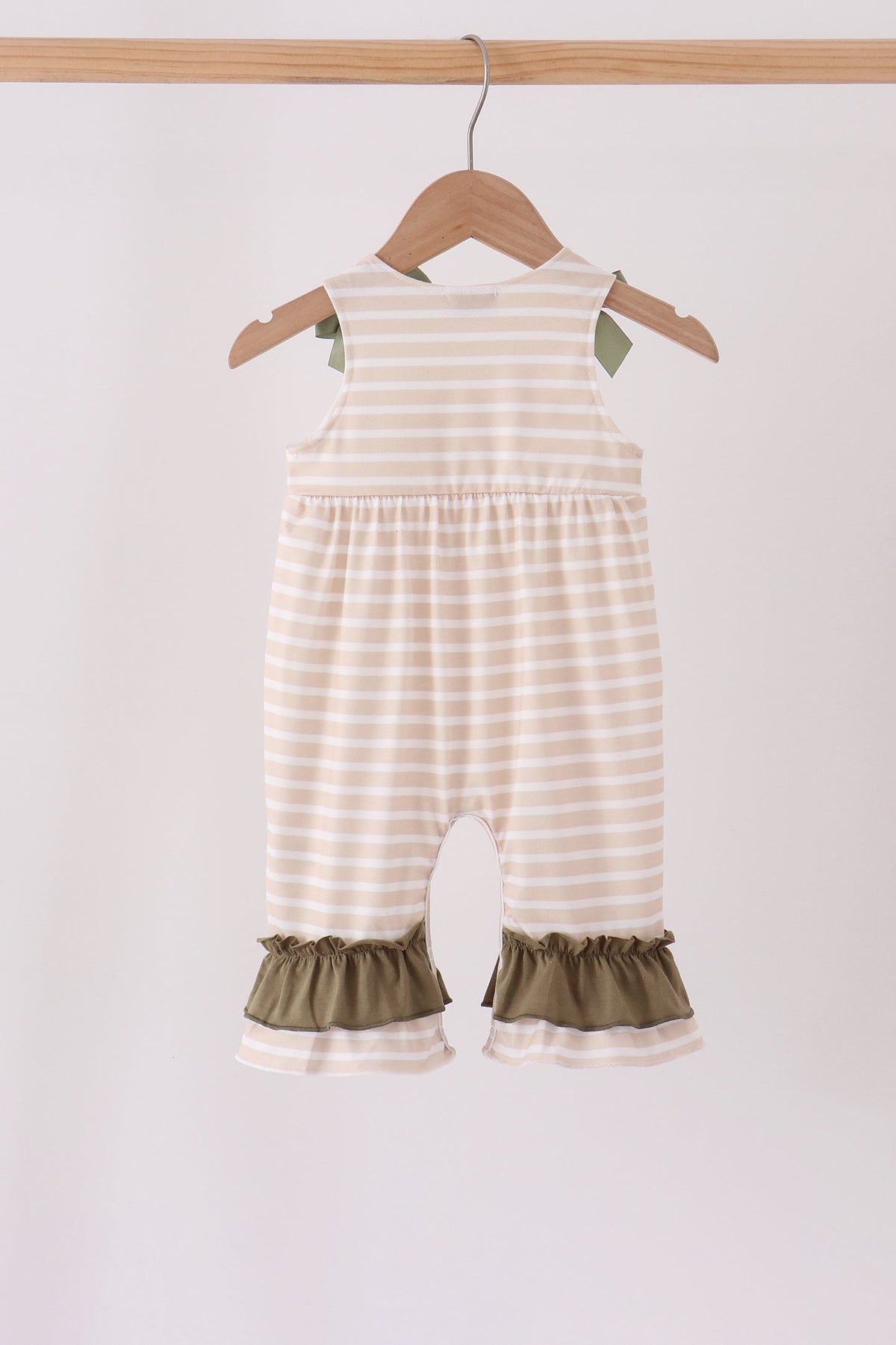 Olive turkey applique stripe ruffle romper