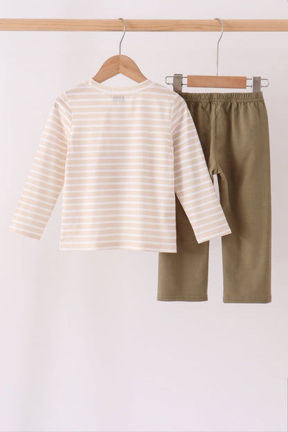 Olive turkey applique stripe pants set