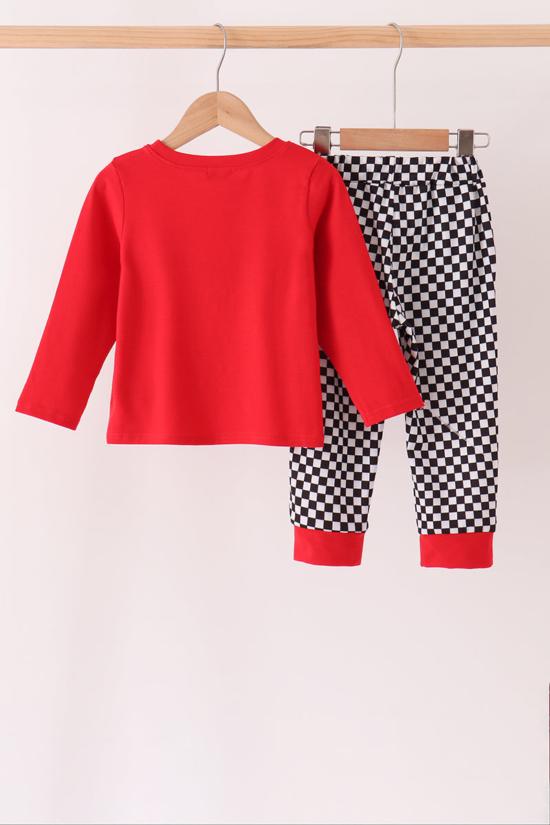 Black car embroidery checkered pants set