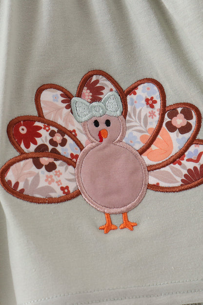 Sage Turkey Applique Bow Bloomer Set