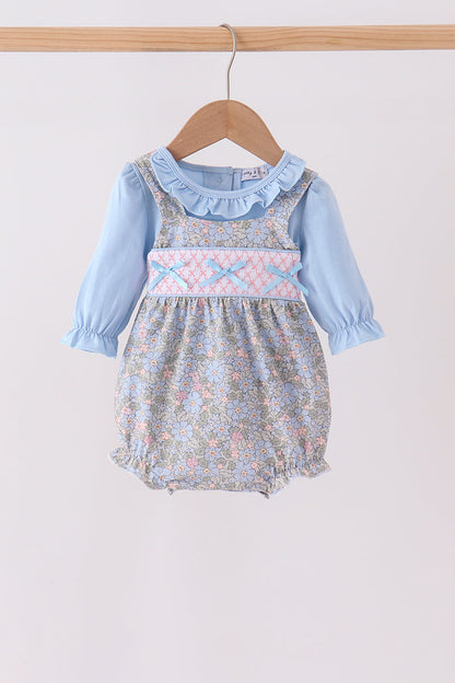 Blue Floral Bow Smocked 2pc Bubble Set