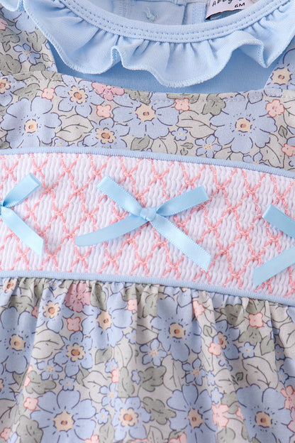 Blue Floral Bow Smocked 2pc Bubble Set