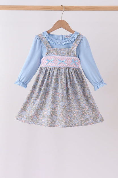 Blue Floral Bow Smocked 2pc Set