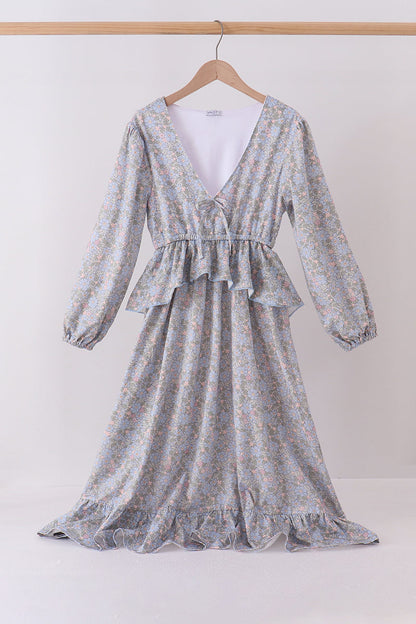 Blue Floral Ruffle Mom Dress