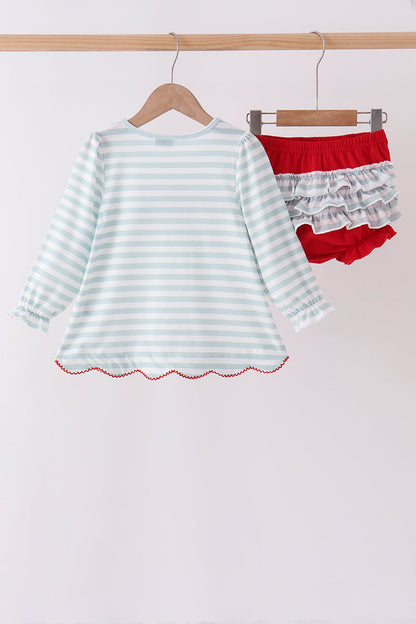 Gray stripe santa french knot ruffle bloomer set