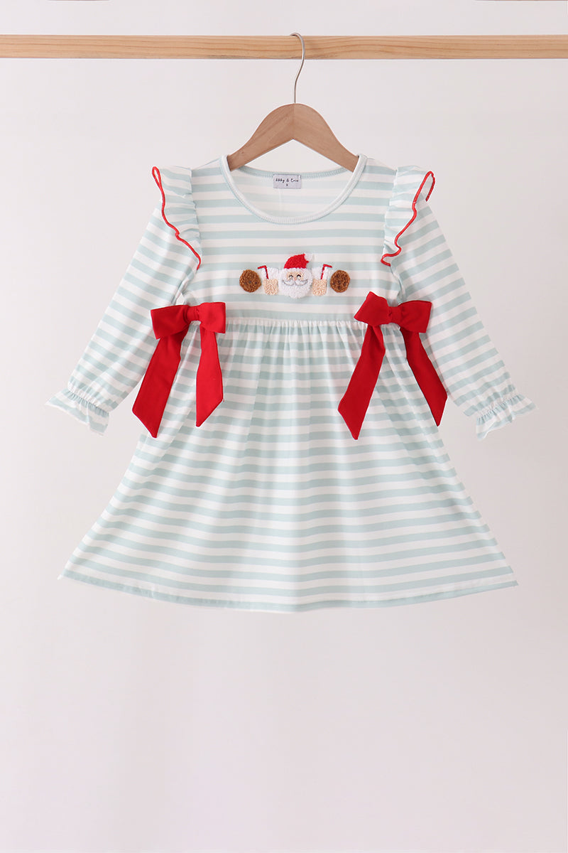 Gray stripe santa french knot ruffle dress