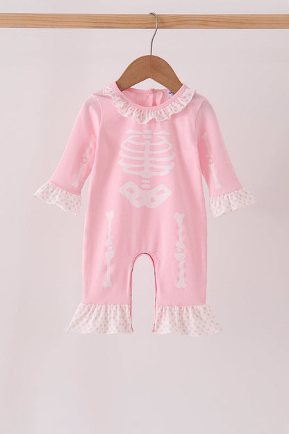 Pink skeleton print ruffle romper