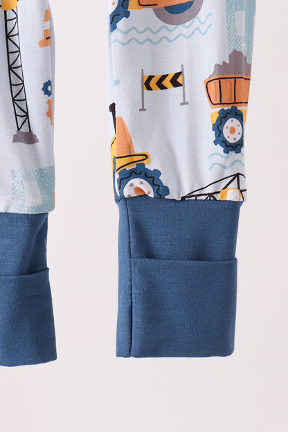 Blue Construction Trucks Zip Bamboo Romper