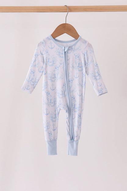 Blue dog bamboo zipper romper