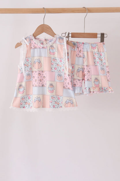 Pink pumpkin ruffle shorts set