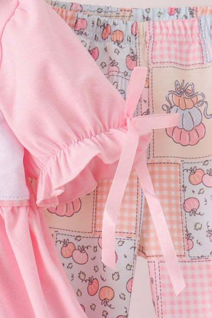 Pink pumpkin embroidery ruffle pants set