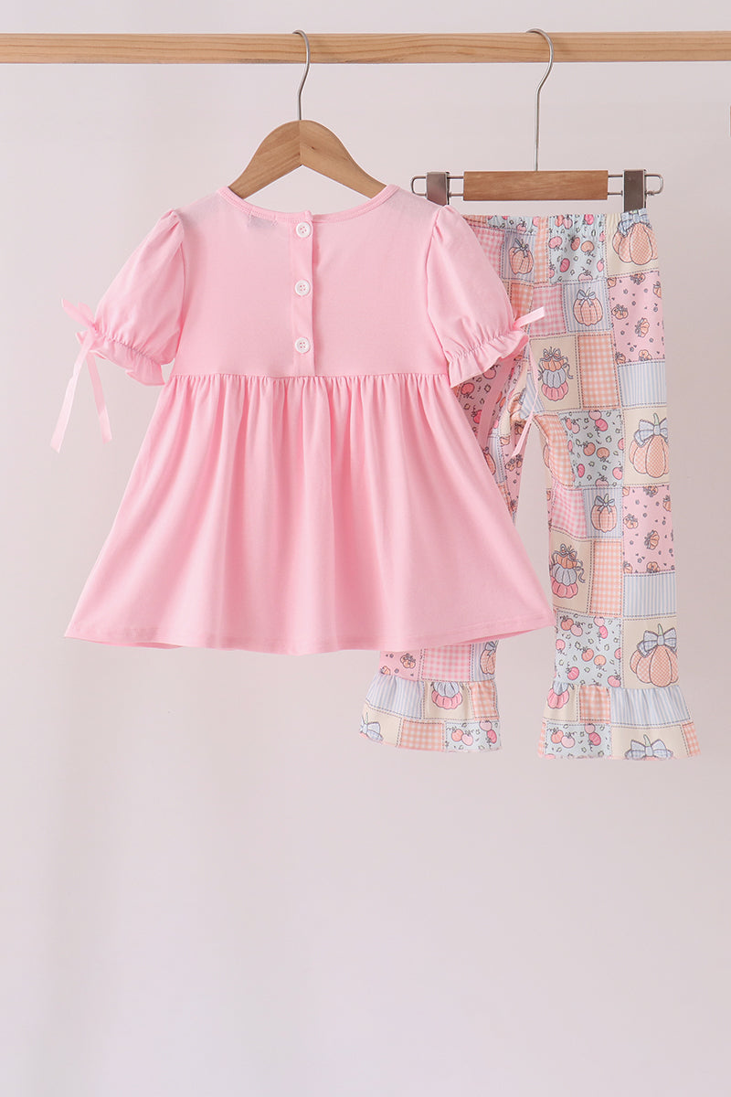 Pink pumpkin embroidery ruffle pants set