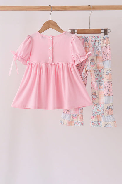 Pink pumpkin embroidery ruffle pants set