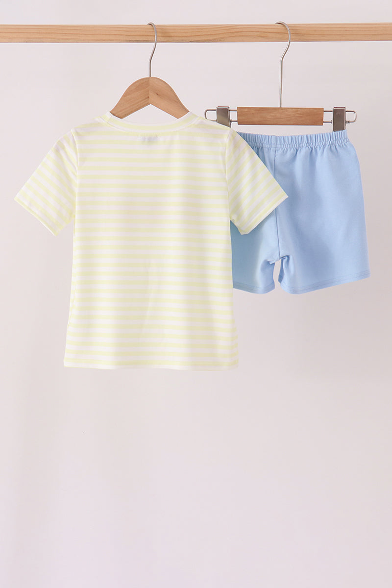 Yellow stripe pumpkin embroidery shorts set