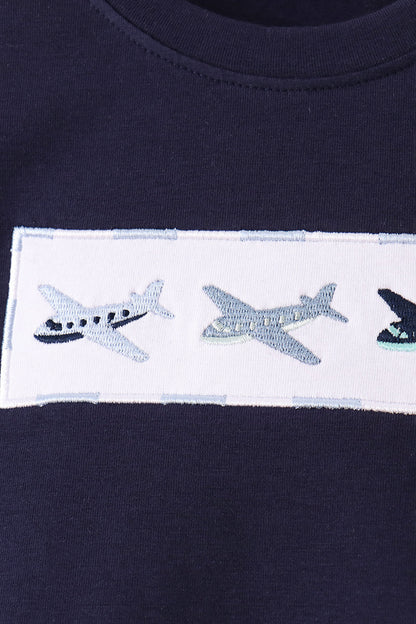 Navy Airplane Embroidery Pants Set