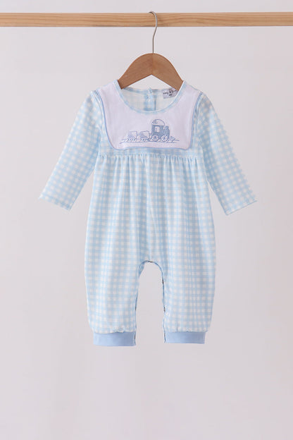 Blue train embroidery gingham romper