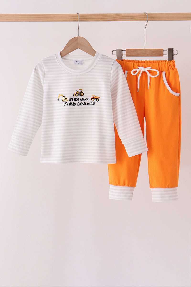 Gray stripe construction vehicle embroidery jogger set
