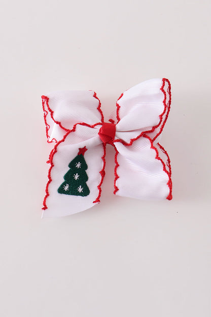 Red christmas tree embroidery crochet edge hair bow