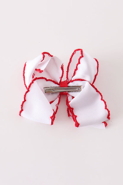 White snowman embroidery crochet edge hair bow