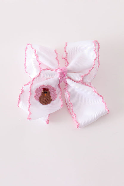 Pink turkey embroidery crochet edge hair bow