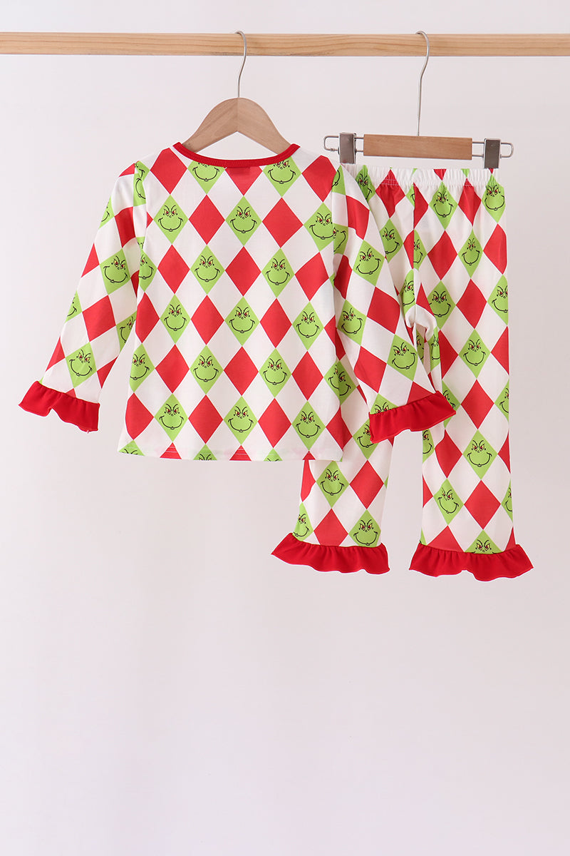 Red grinch print ruffle pajama set