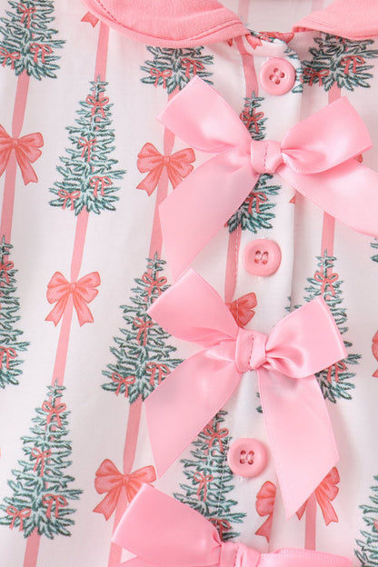 Pink Christmas Tree Bow Ruffle Pajama Set