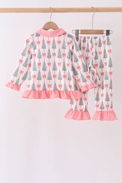 Pink Christmas Tree Bow Ruffle Pajama Set