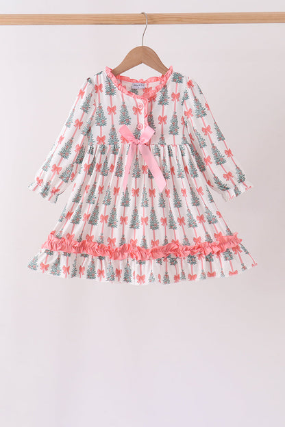 Pink Christmas Tree Bow Ruffle Dress