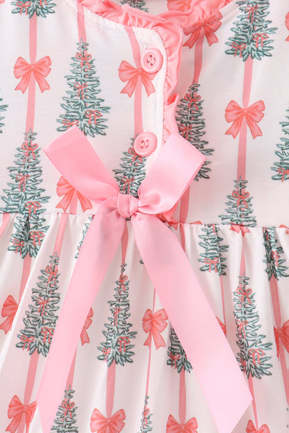 Pink Christmas Tree Bow Ruffle Dress