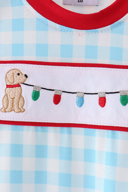 Blue puppy embroidery gingham romper