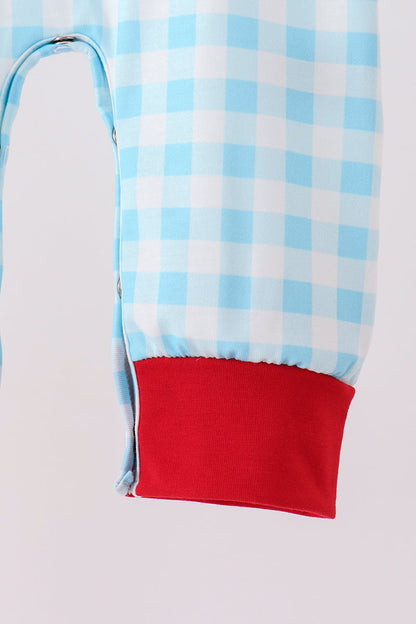 Blue puppy embroidery gingham romper