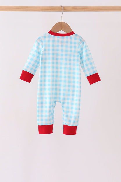 Blue puppy embroidery gingham romper