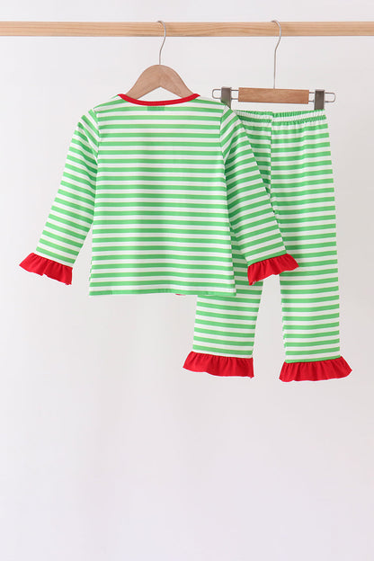 Green stripe grinch embroidery ruffle pajama set