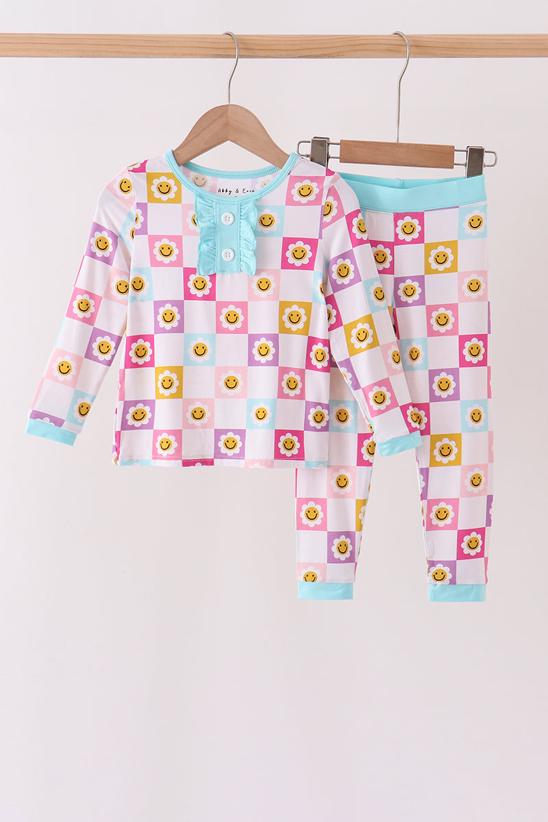 Blue smiling checkered ruffle bamboo pajama set