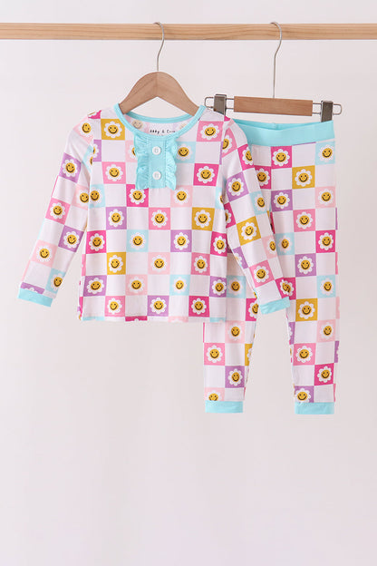 Blue smiling checkered ruffle bamboo pajama set