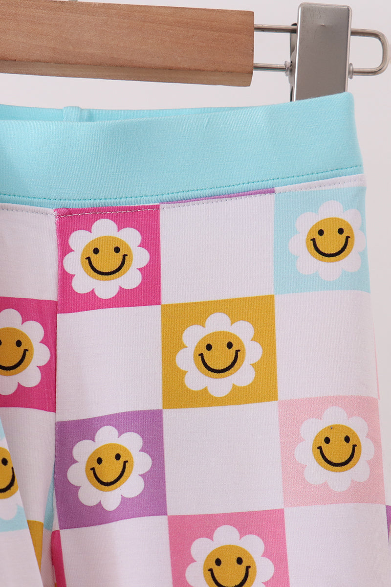 Blue smiling checkered ruffle bamboo pajama set