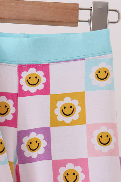 Blue smiling checkered ruffle bamboo pajama set