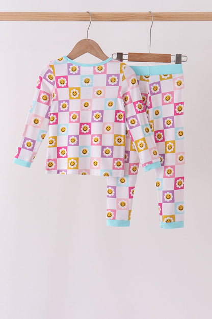 Blue smiling checkered ruffle bamboo pajama set