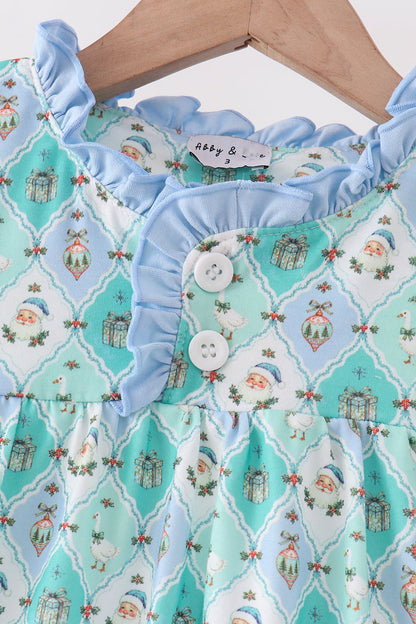 Green santa print ruffle dress
