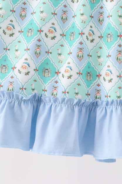 Green santa print ruffle dress