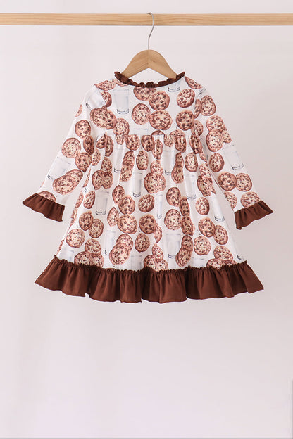 Brown Milk Cookie Print Ruffle Dress